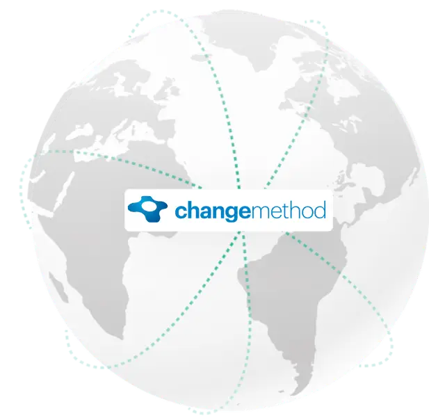 Changemethod logo over a globe, symbolizing globally trusted change management methodology.